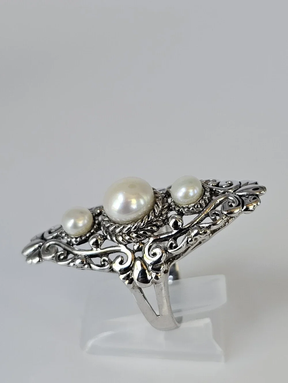Genuine Cultured Pearl Elongated Sterling Silver Ring Size 8!